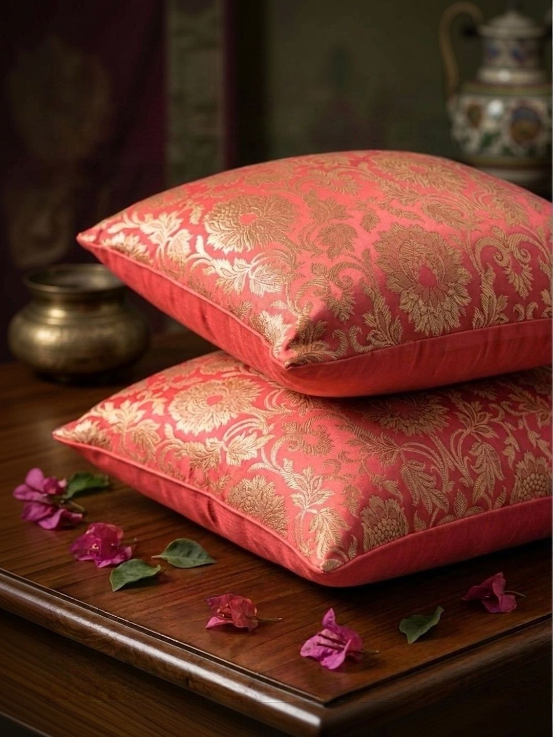 RoyalDeco Mughal Banarasi Ethnic Motifs Brocade 2 Pcs Zari Cushion Covers - 11.8x11.8In
