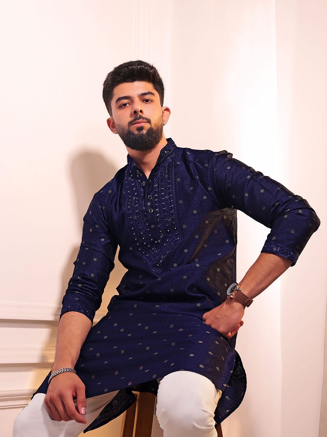 Koshin Floral Woven Design Mandarin Collar Neck Long Sleeves Mirror Work Art Silk Kurta