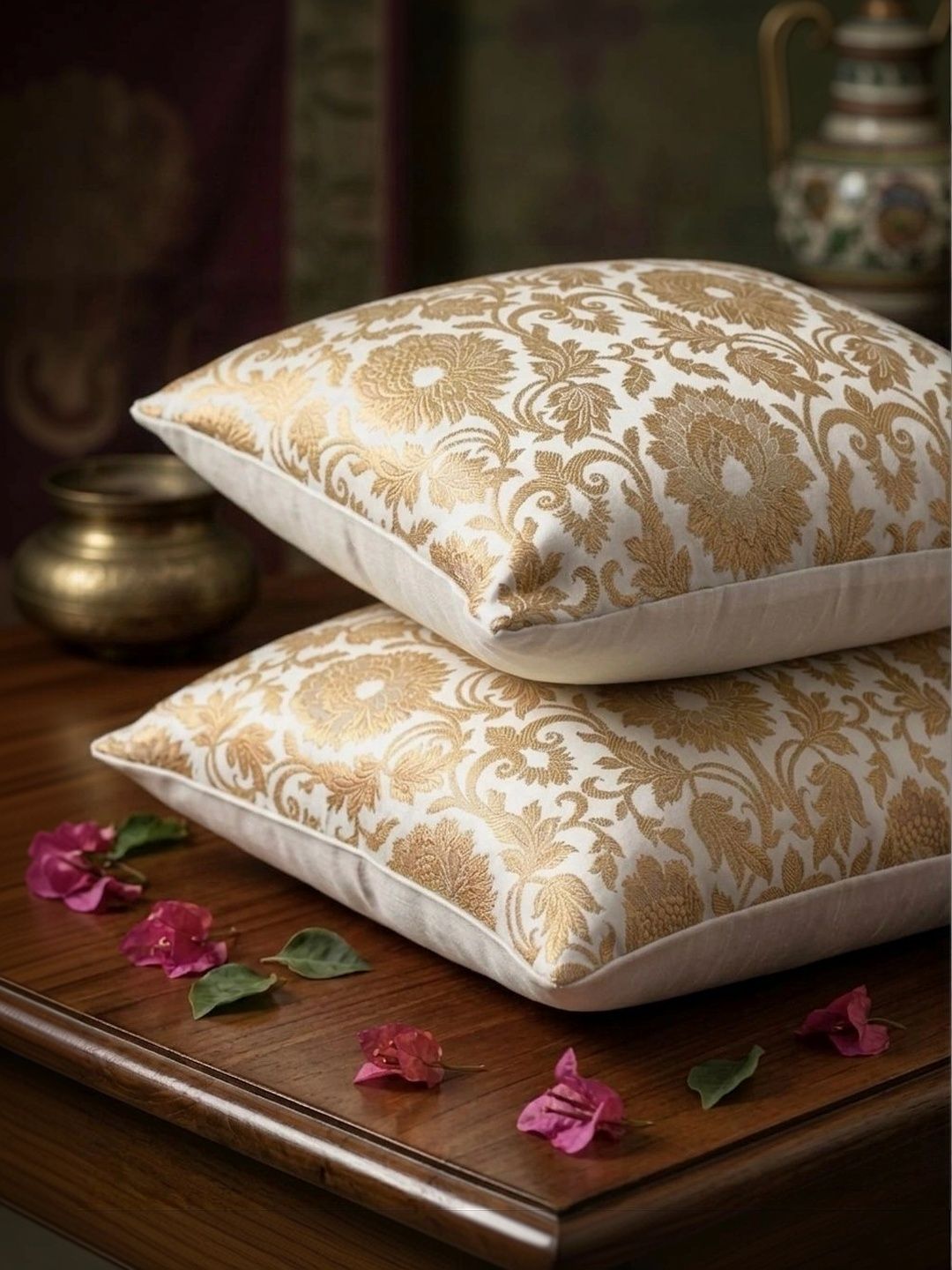 Buy RoyalDeco Mughal Banarasi White & Gold Toned 2 Pieces Ethnic Brocade Square Cushion Covers -  - Home for Unisex