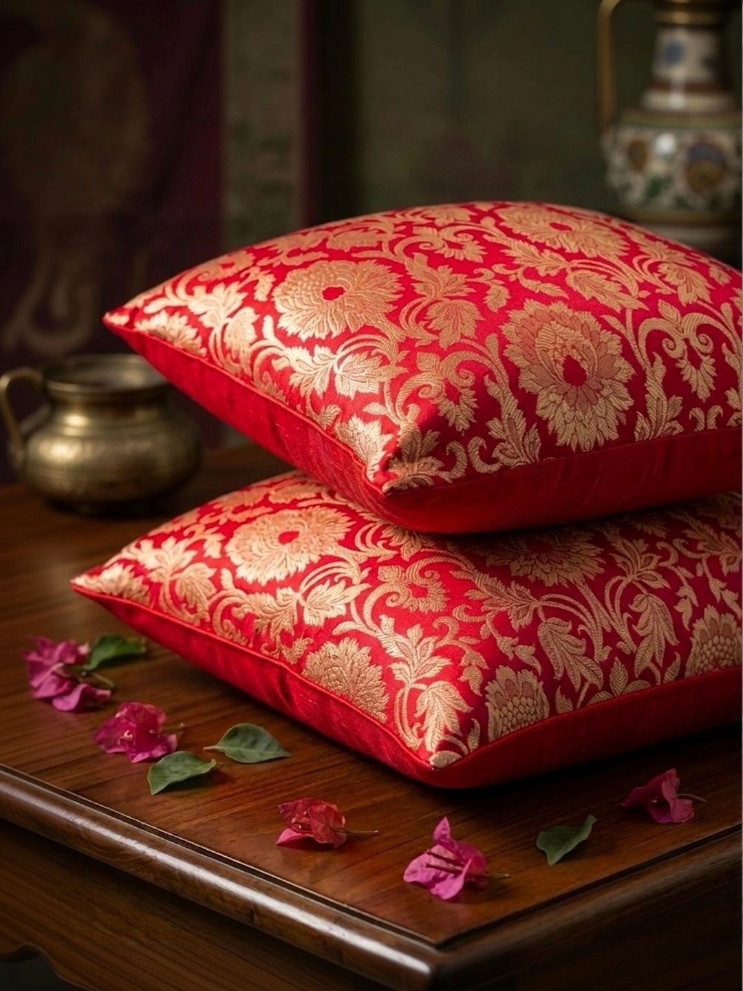 RoyalDeco Red Ethnic Motifs Brocade Washable 2 Zari Square Cushion Covers -12x12In