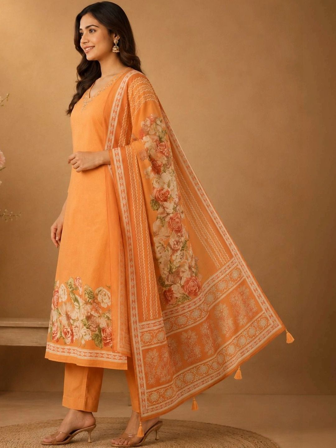 Women Floral Regular Thread Work Pure Cotton Kurta with Trousers & With Dupatta 4