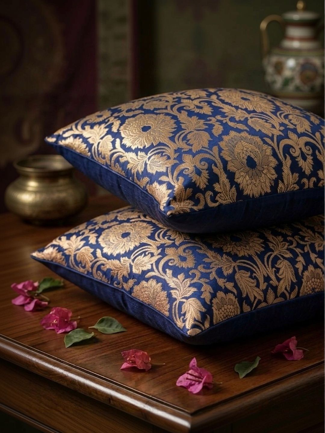 RoyalDeco Ethnic Motifs Brocade Breathable 2 Pcs Zari Cushion Covers - 12 x 12 Inches