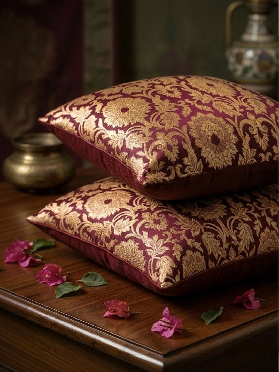 RoyalDeco Burgundy 2 Pcs Ethnic Motifs Banarasi Brocade Silk Square Cushion Covers