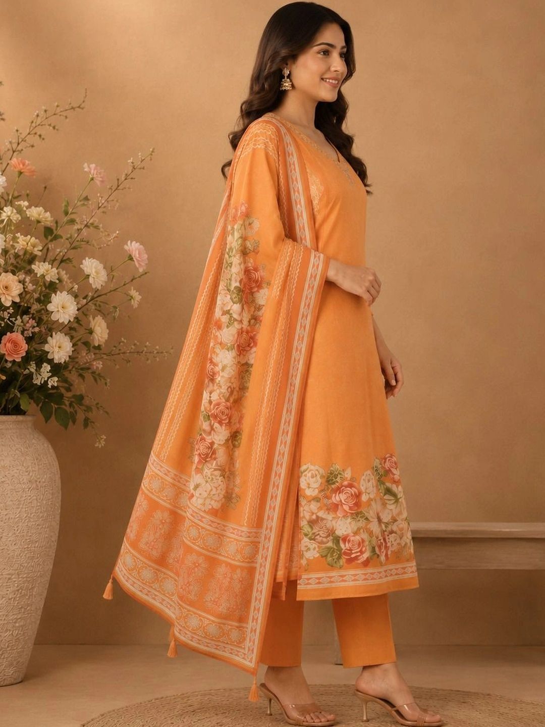 Women Floral Regular Thread Work Pure Cotton Kurta with Trousers & With Dupatta 6