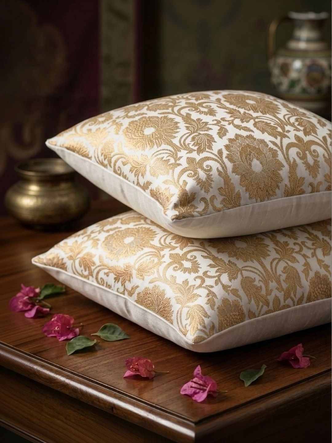 RoyalDeco White 2 Pieces Ethnic Motifs Zari Brocade Silk Square Cushion Covers