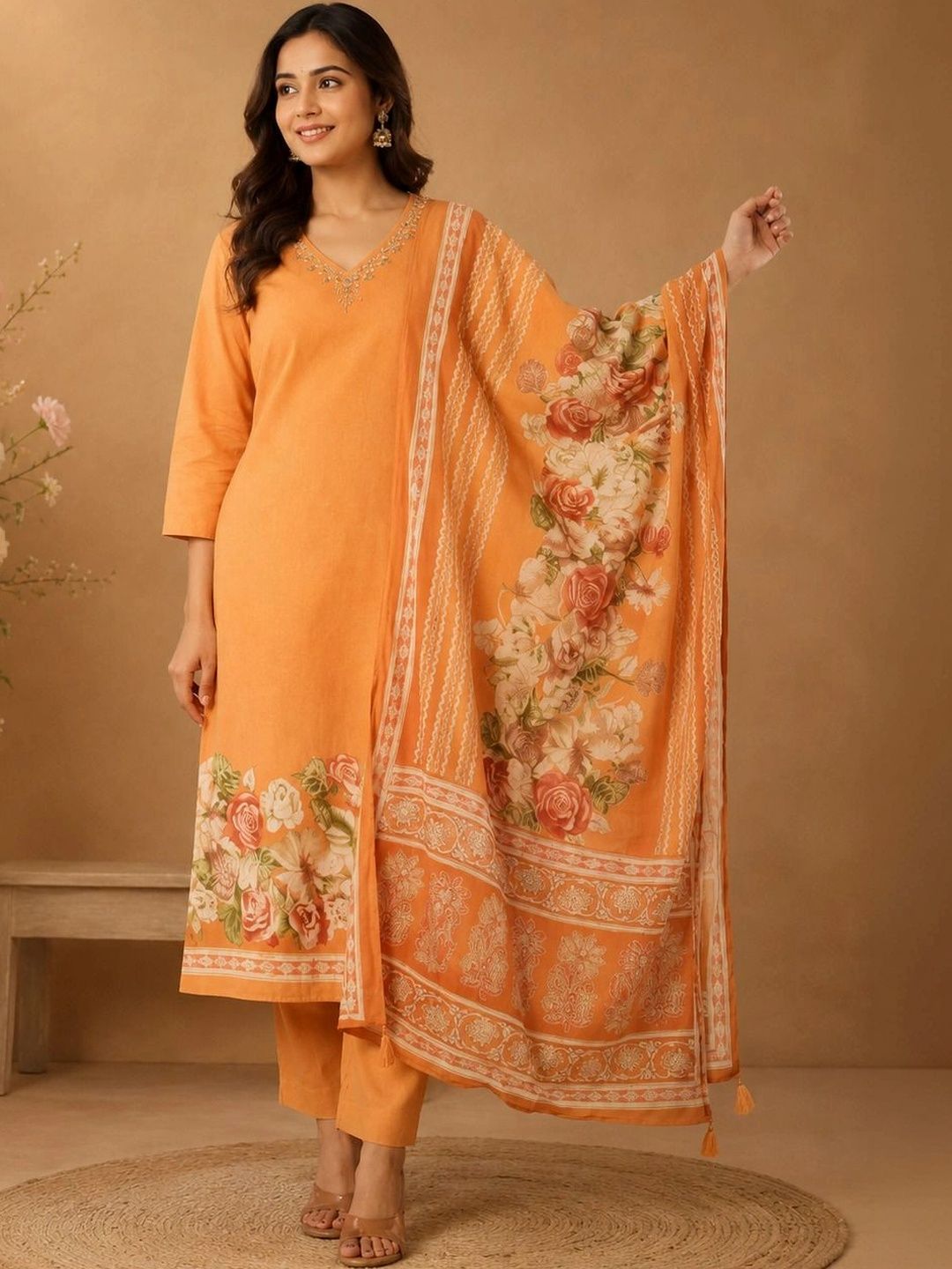 Women Floral Regular Thread Work Pure Cotton Kurta with Trousers & With Dupatta