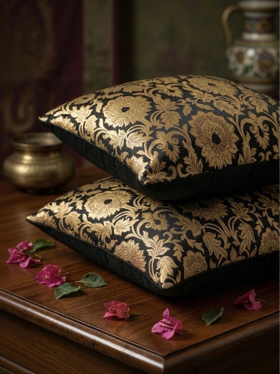 RoyalDeco Mughal Banarasi Black 2 Pieces Ethnic Motifs Brocade Square Cushion Covers