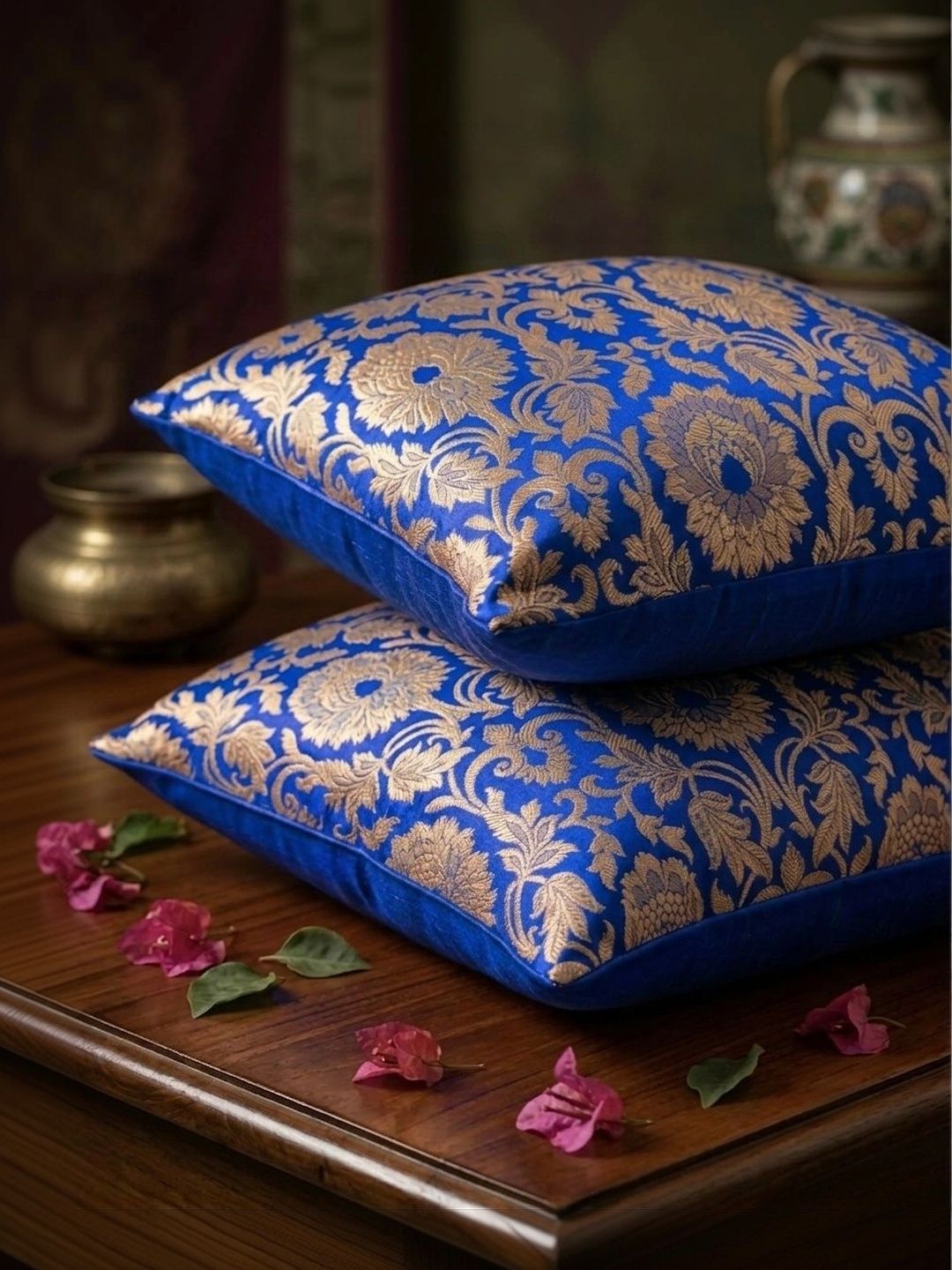 RoyalDeco Floral Brocade Silk Washable 2 Pcs Zari Square Cushion Covers -12x12In