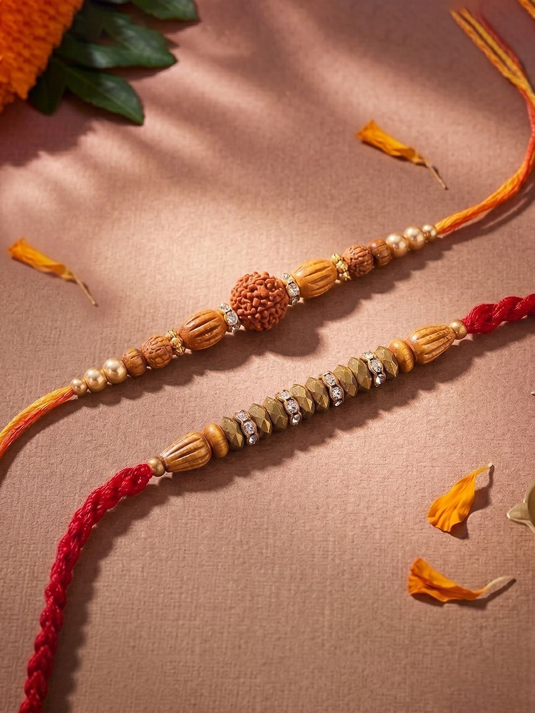 Peora Set Of 2 Rudraksha Wooden Beaded Stone-Studded Rakhi