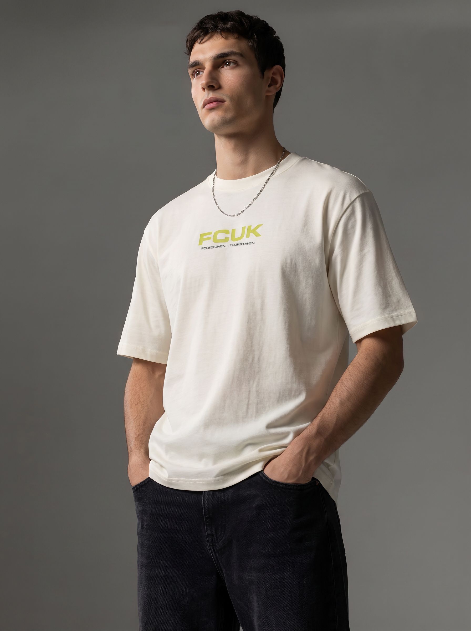 FCUK Brand Logo Printed Drop-Shoulder Sleeves Pure Cotton Relaxed Fit T-shirt