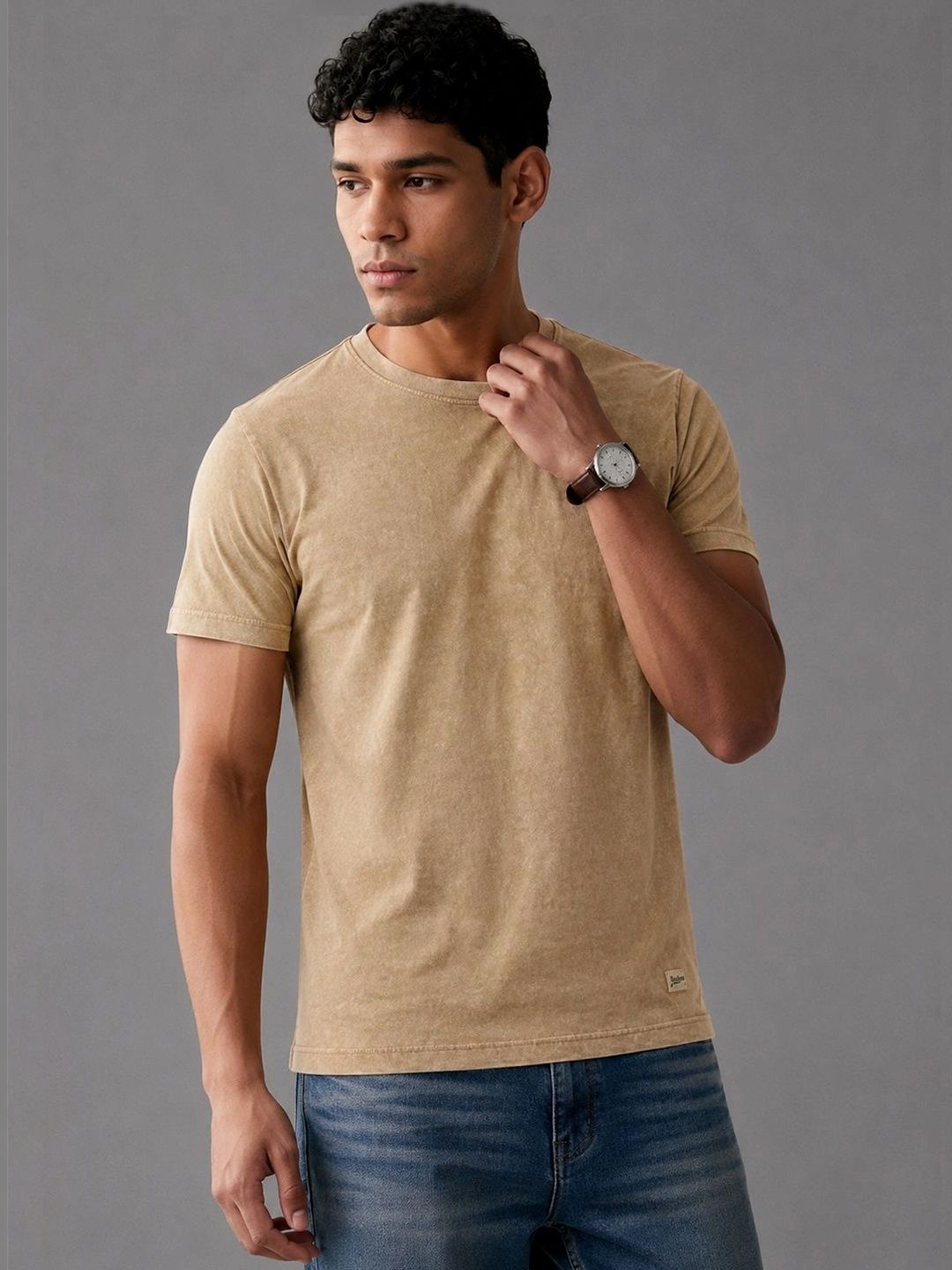 Roadster Men Overdyed Cotton Solid Round Neck T-shirt
