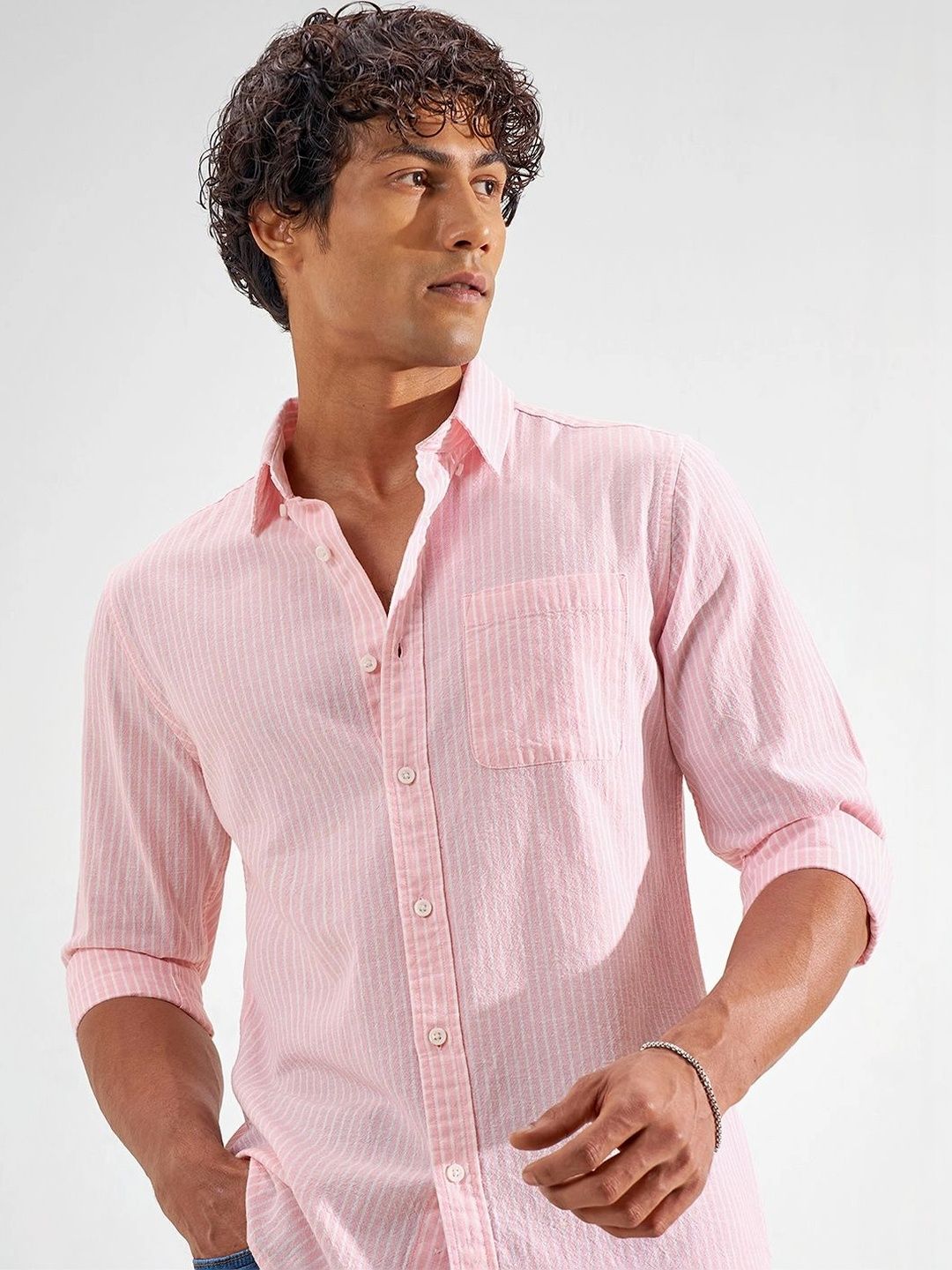 HIGHLANDER Men Premium Linen Striped Button Down Shirt