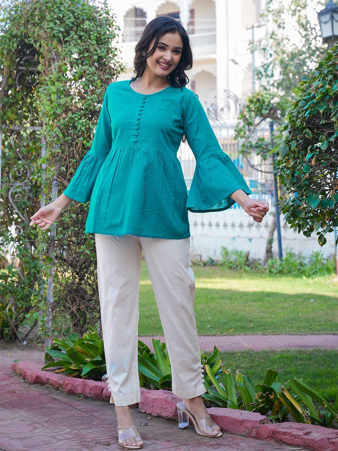 IKRASS Solid Bell Sleeve Regular Peplum Top