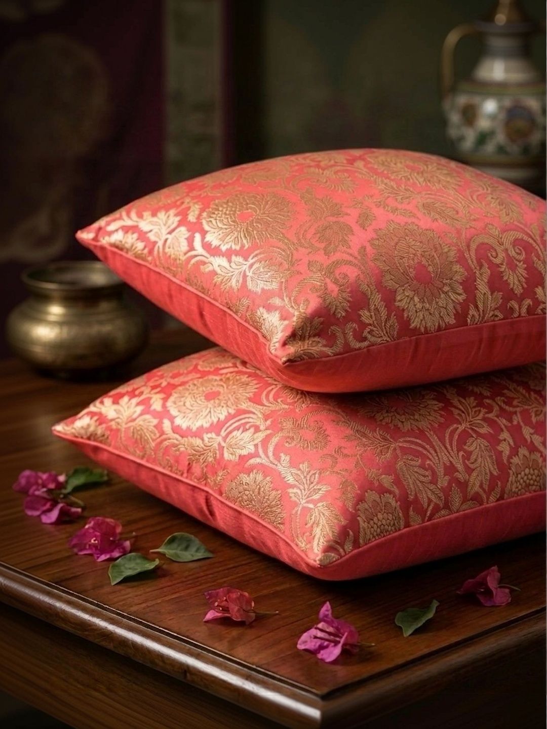 RoyalDeco Coral & Gold Toned 2 Pieces Ethnic Banarasi Brocade Silk Square Cushion Covers