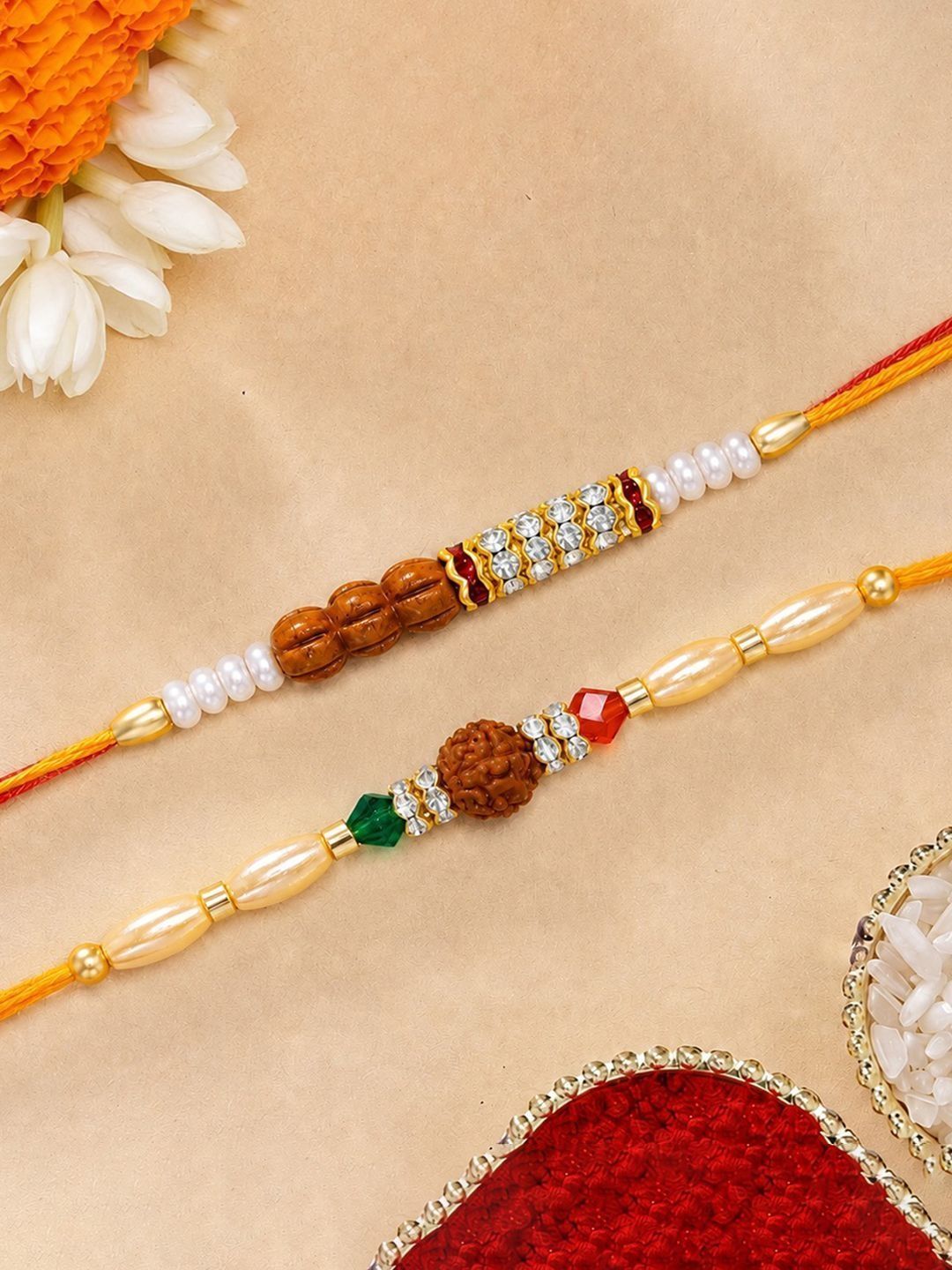 Peora Set Of 2 Gold-Toned Pearl Beaded Rudraksha Stone-Studded Rakhi