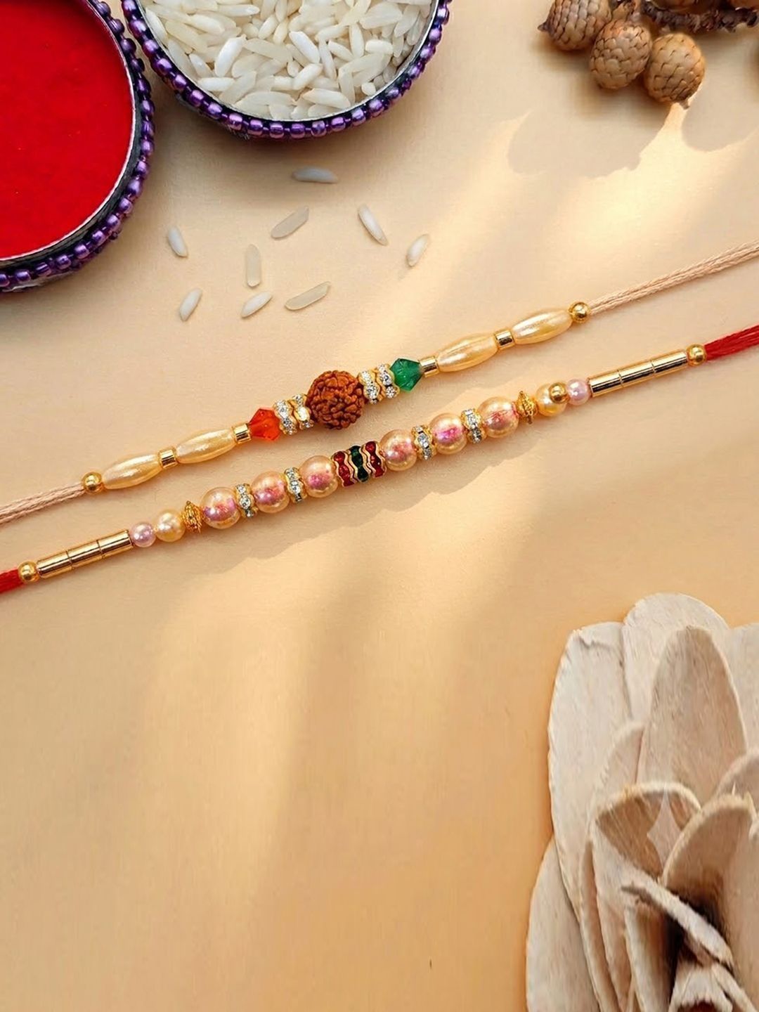 Peora Set of 2 Designer Pearl & Rudraksha Bead Thread Rakhi with Roli Chawal