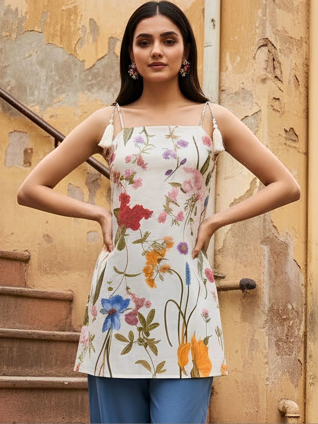 Dora Dori Floral Printed Square Neck Pure Cotton Kurti