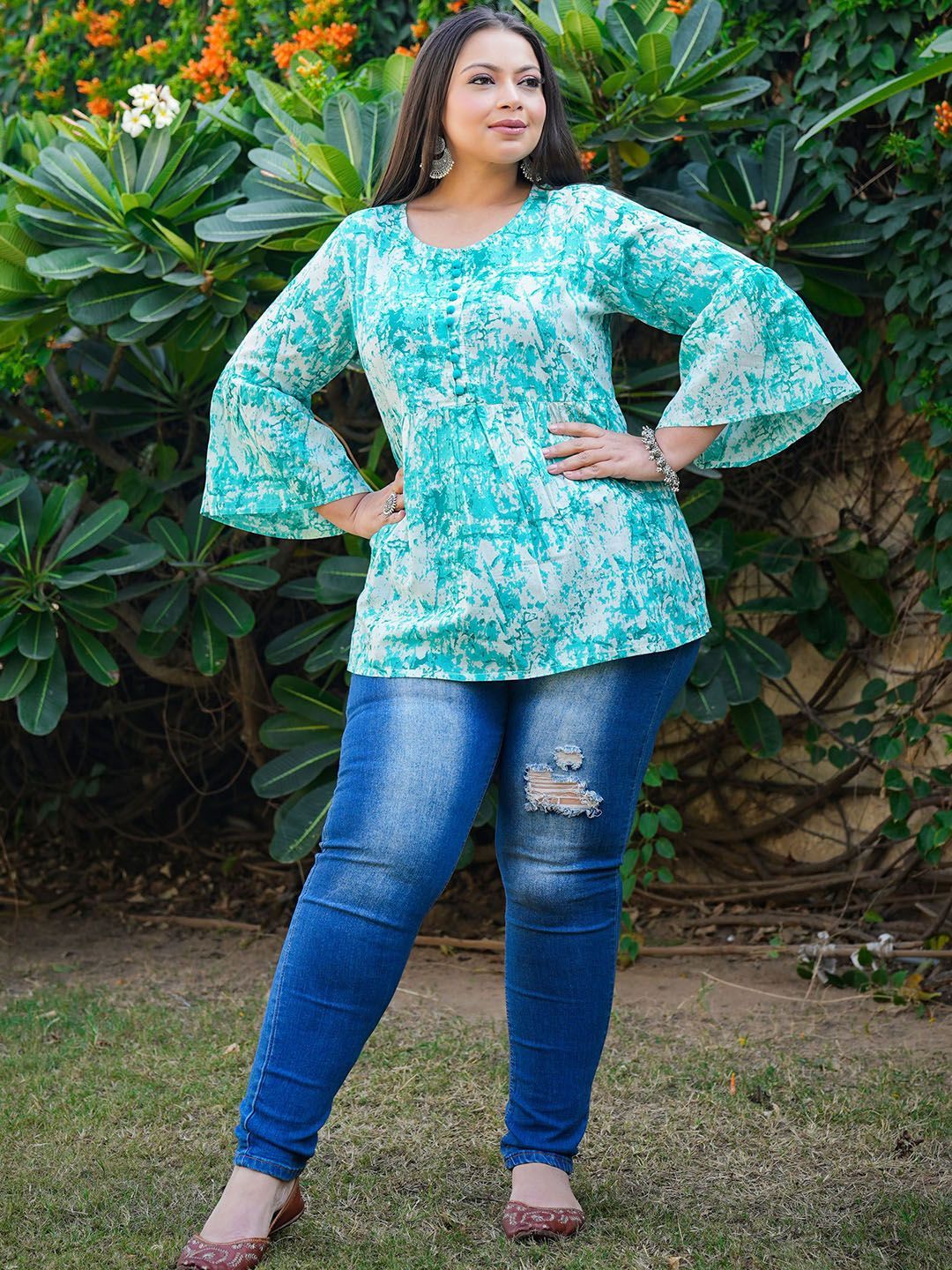 IKRASS Women Tie and Dye Printed Bell Sleeve Cotton Top