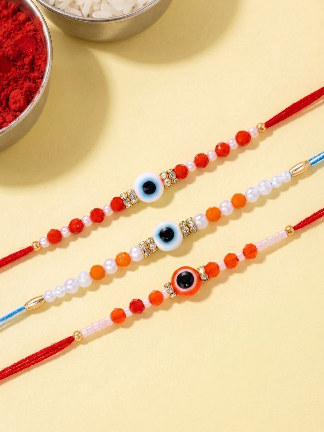 Peora Set Of 3 Gold-Toned Evil Eye Pearl & Crystal Beaded Rakhi