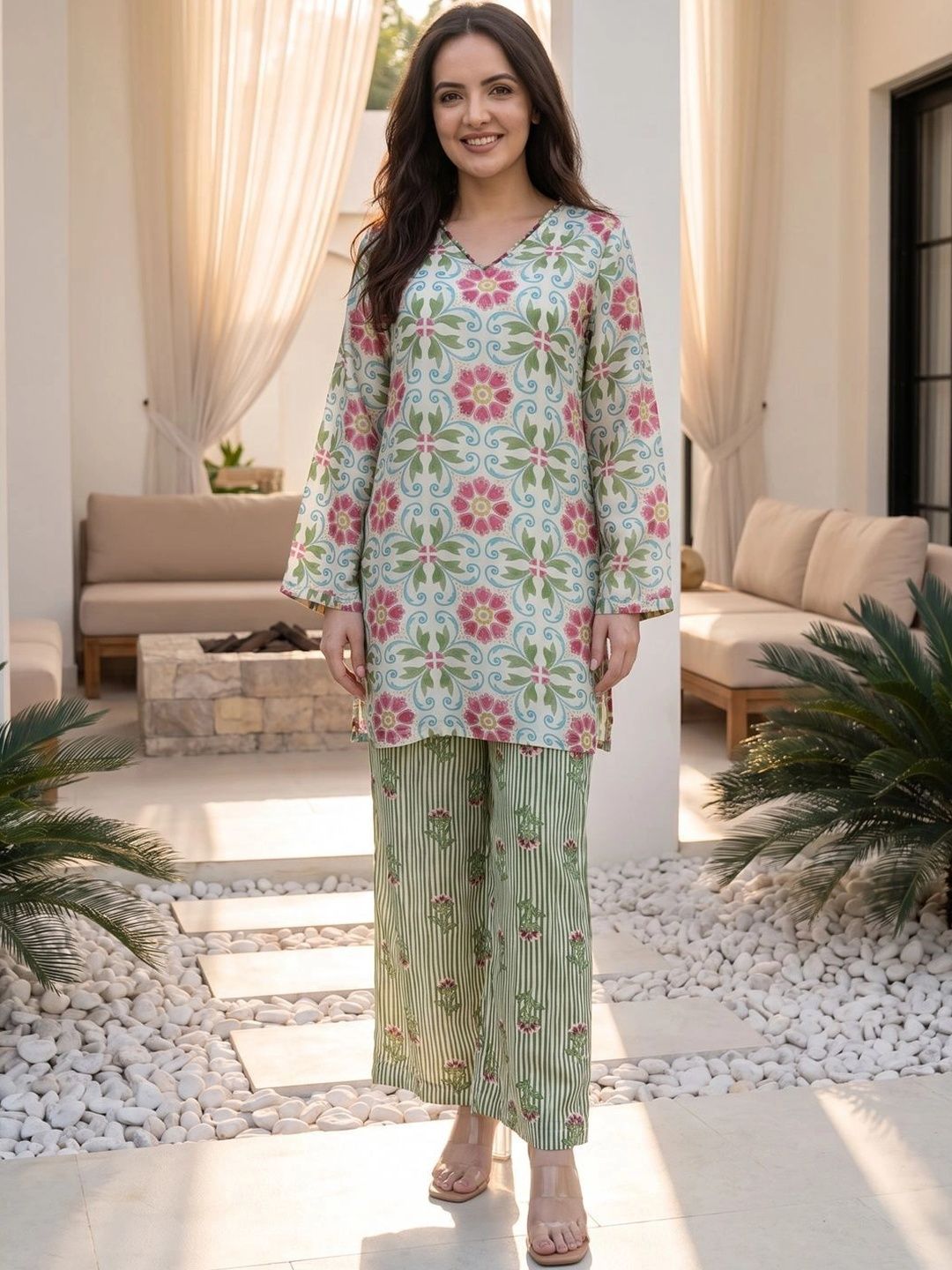 Buy Woomn Floral Printed Tunic With Trousers Co Ords -  - Apparel for Women