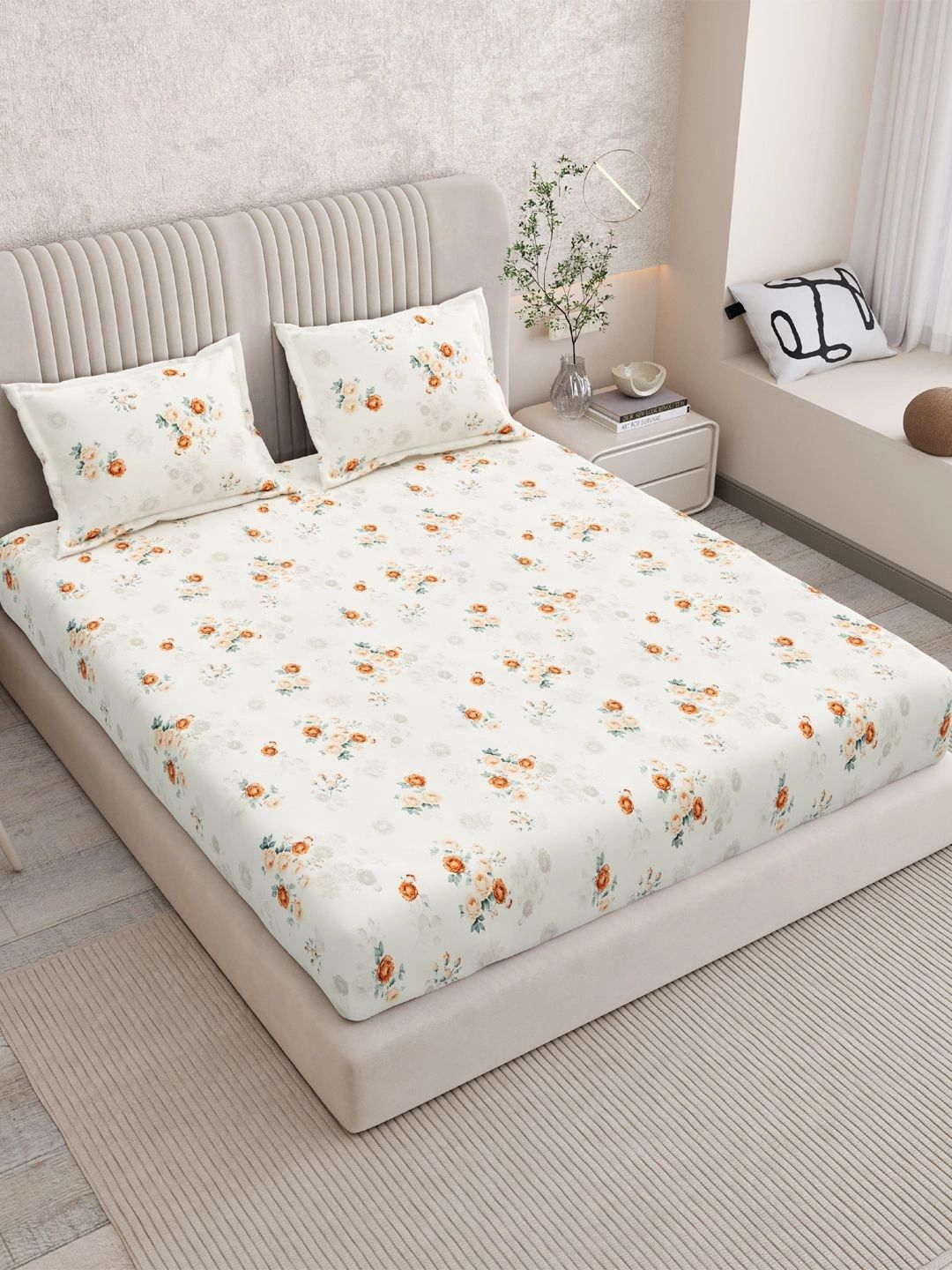 Buy Myntra Elegant Homes Cream Pure Cotton 210 TC Floral King Bedsheet With 2 Pillow Covers 2.74 M X 2.74 M -  - Home for Unisex