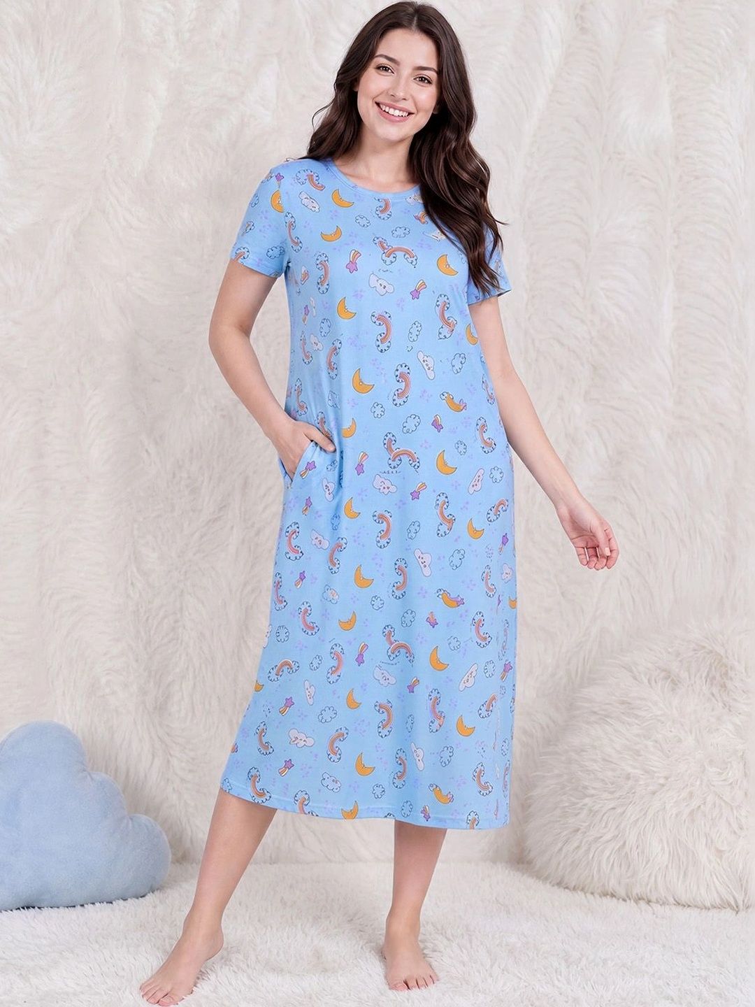 Secret Wish Printed Calf Length Hosiery Nightdress