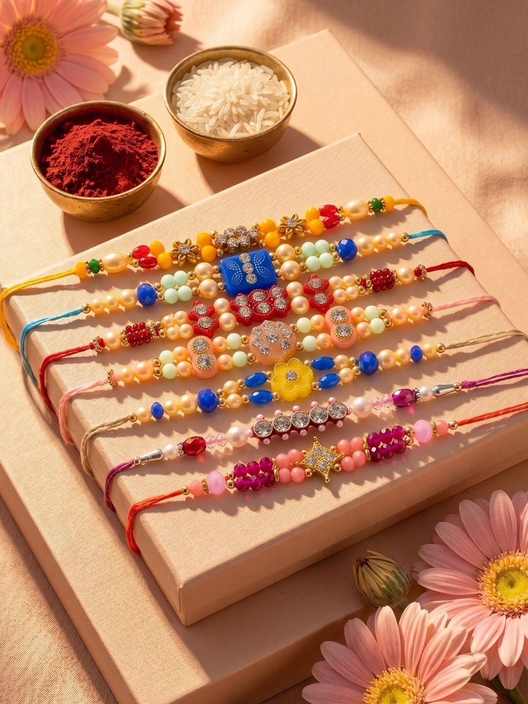 Buy NVR Set Of 7 Multicolor Designer Thread Rakhi With Roli Chawal Chandan Mishri -  - Accessories for Unisex