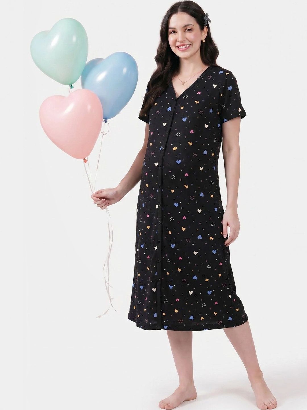 Printed Hosiery Calf Length Zipless Maternity Nightdress 6