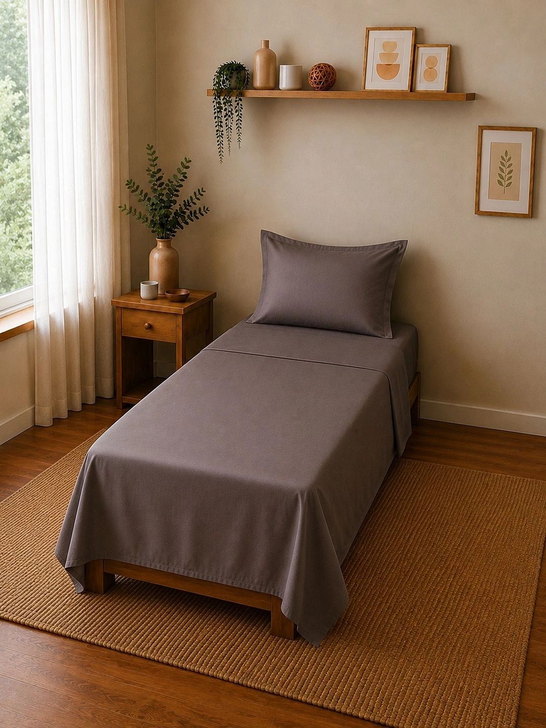 Linen Home Charcoal 200 TC Single Size Flat Bedsheet Set with 1 Pillow Cover