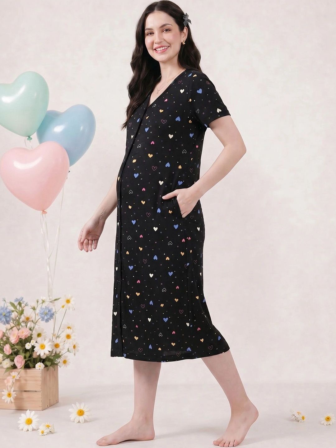 Printed Hosiery Calf Length Zipless Maternity Nightdress 3