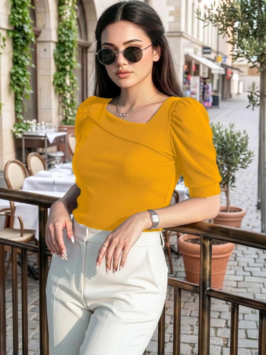 Yellow Ribbed Square Neck Puff Sleeve Top