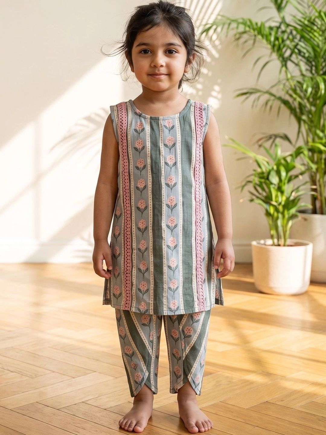 Sangria Girls Floral Printed Regular Pure Cotton Kurta with Trousers