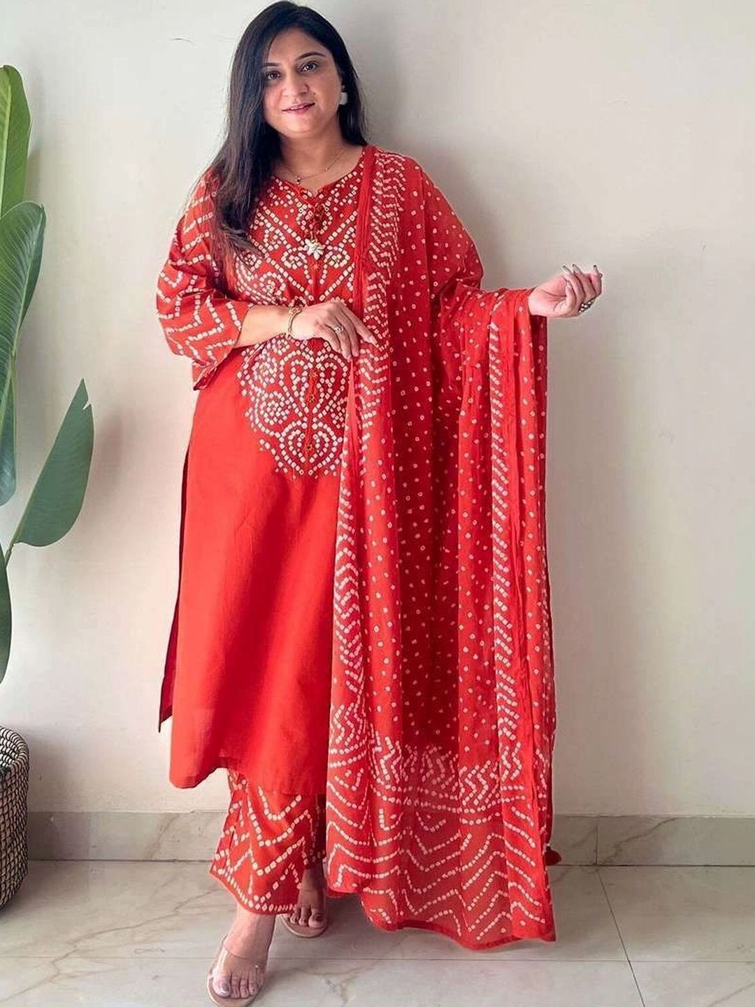 Bna Bnaya Women Bandhani Printed Regular Pure Cotton Kurta with Palazzos & With Dupatta
