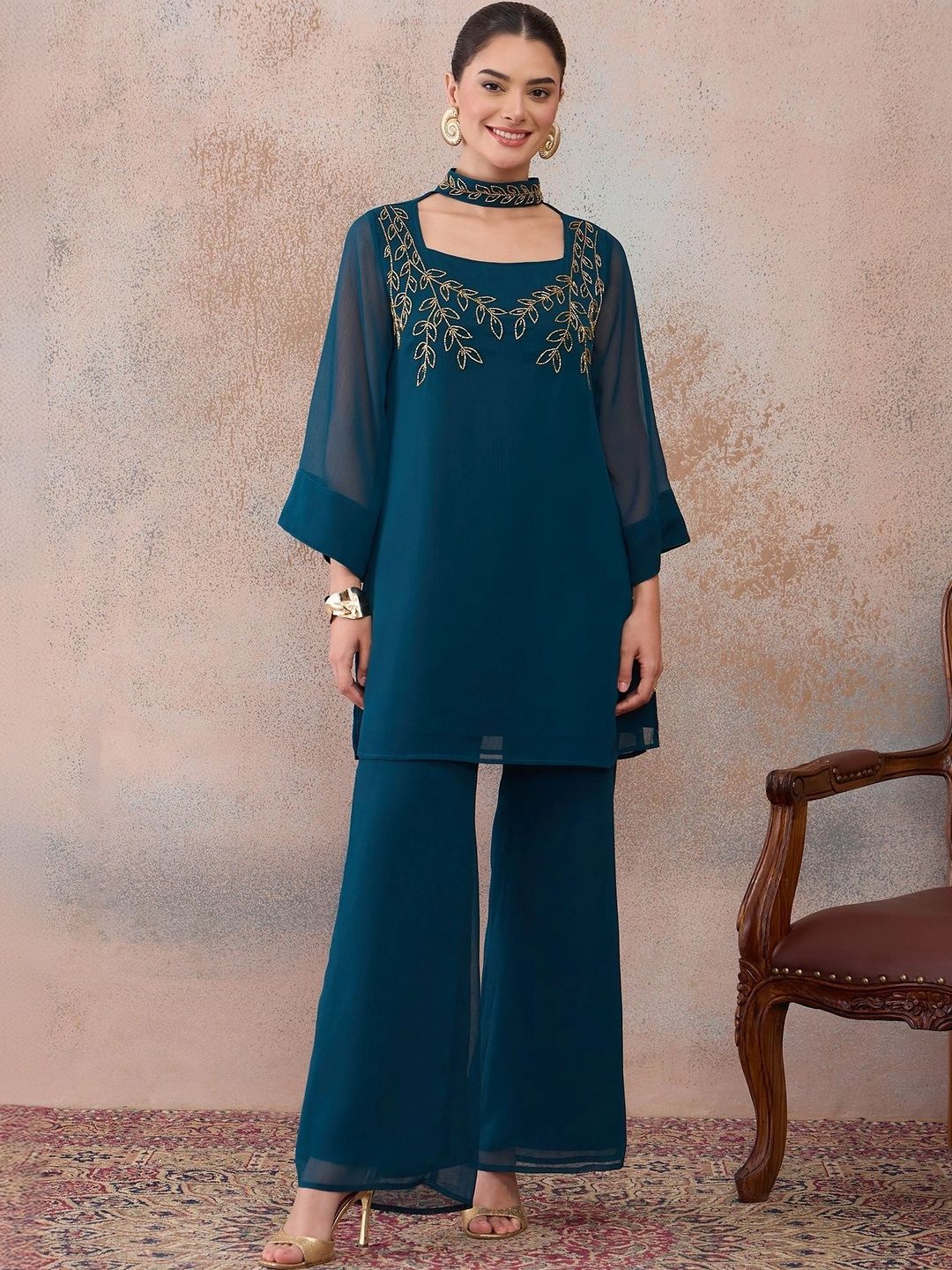 Antheaa Bling & Sparkly Embellished Tunic with Palazzos