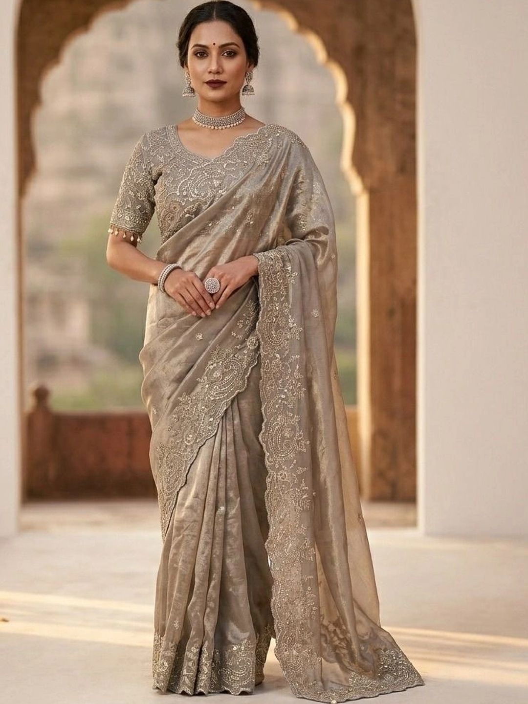 KALINI Paisley Embroidered Satin Fusion Saree