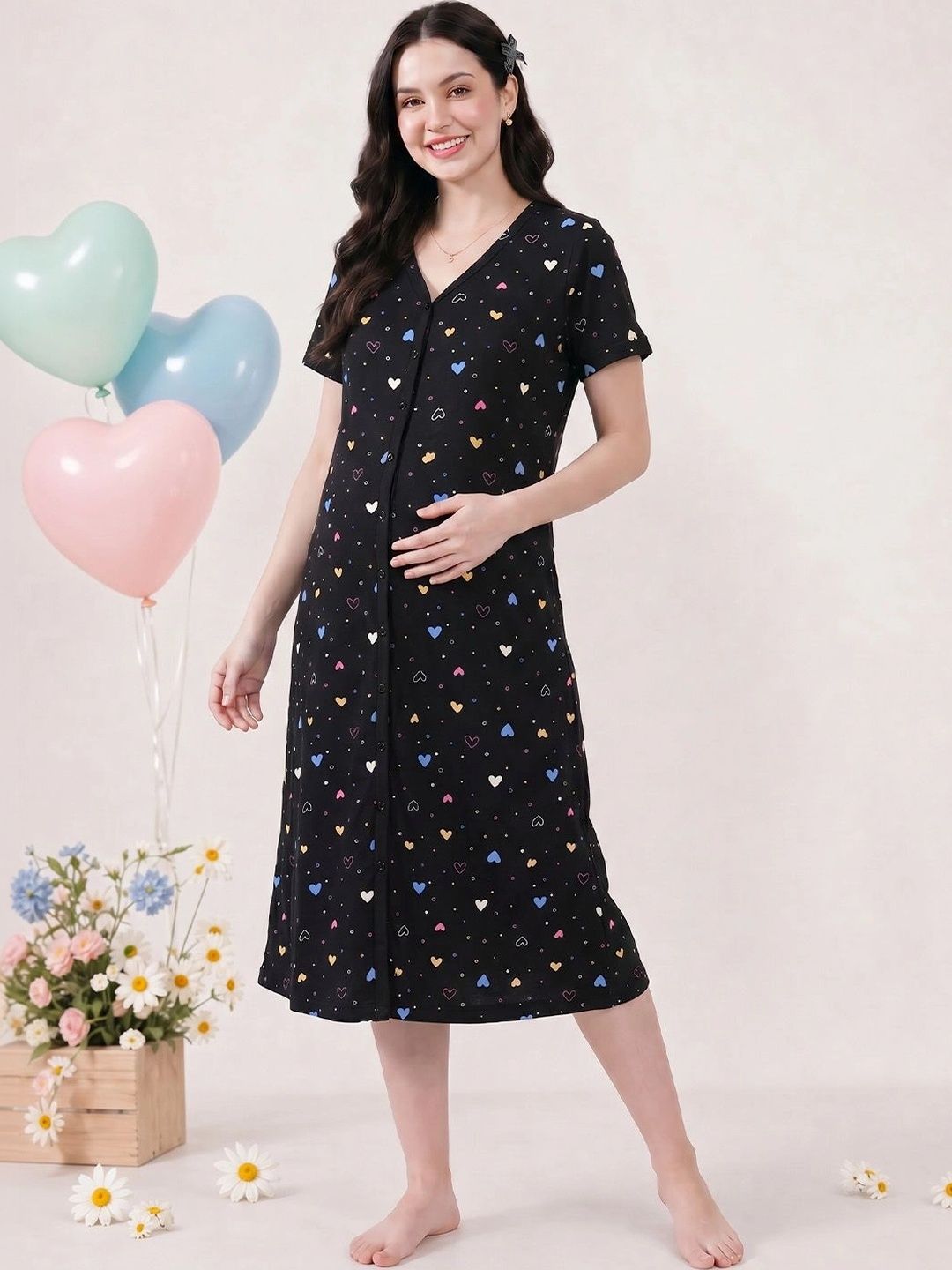 Printed Hosiery Calf Length Zipless Maternity Nightdress
