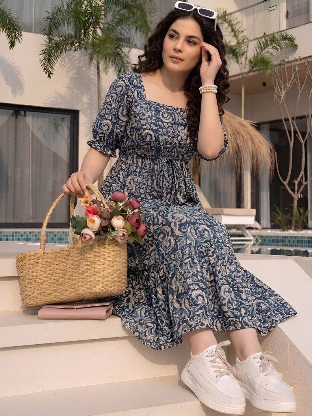 PRESHA Ethnic Motifs Print Puff Sleeve A-Line Midi Dress
