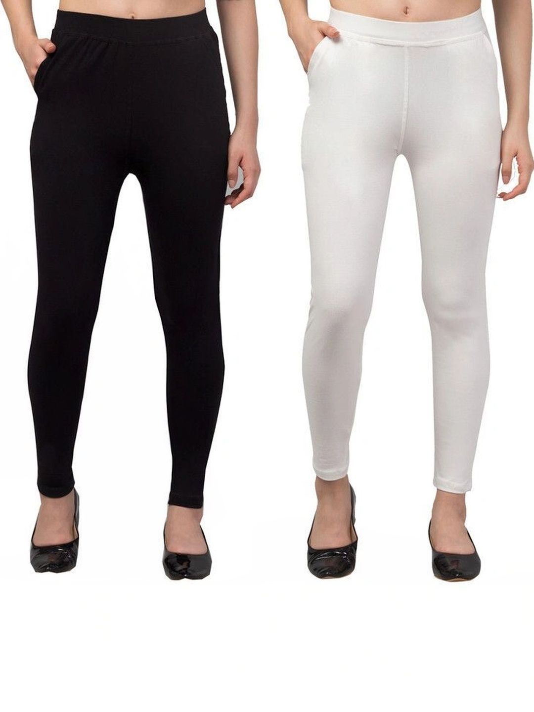 Hookspin Women Pack of 2 White & Black Solid Cotton Leggings