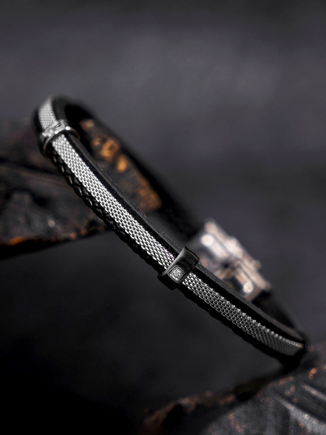 SWASHAA Men Stainless Steel Rhodium-Plated Wraparound Leather Bracelet