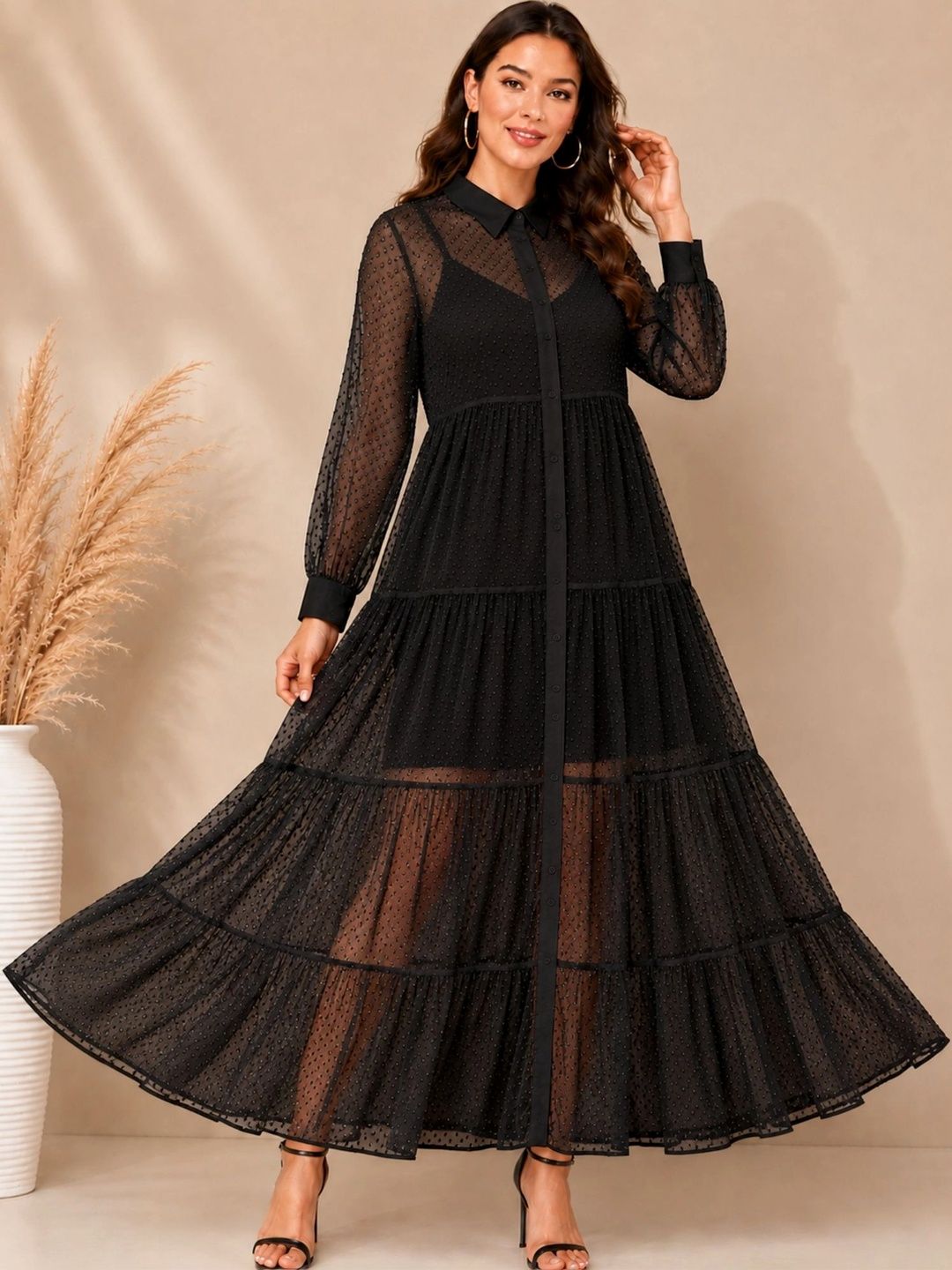 Tishani Women Full Sleeve Dobby Mesh Longline Shrug