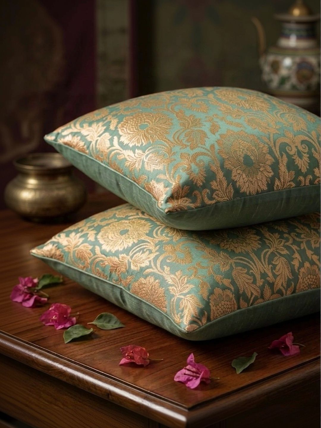 RoyalDeco Mughal Banarasi Ethnic Motifs Brocade 2 Pcs Zari Cushion Covers - 15.7x15.7In