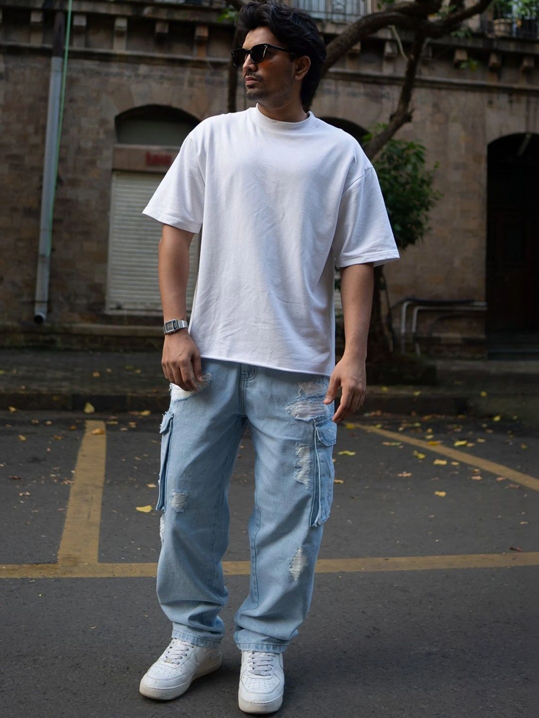 Powerlook Men Baggy Fit Distressed Cotton Cargo Jeans