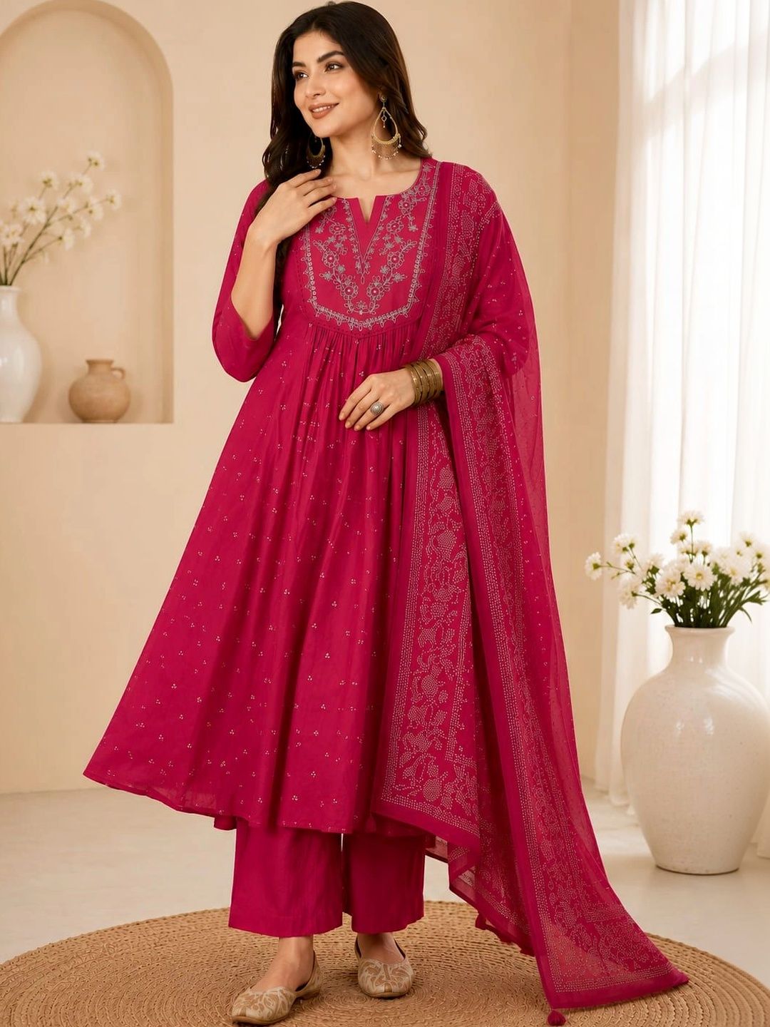 KBZ Women Ethnic Motifs Embroidered Empire Thread Work Pure Cotton Kurta with Palazzos & With Dupatta
