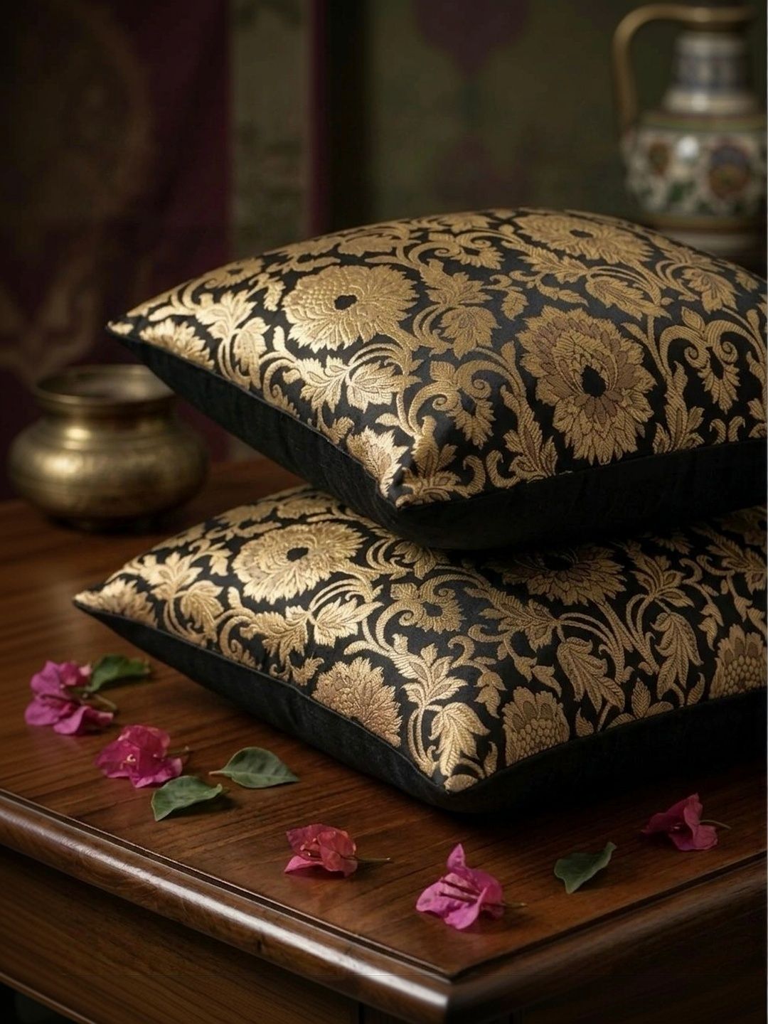 RoyalDeco Mughal Banarasi Black 2 Pieces Ethnic Motifs Brocade Square Cushion Covers