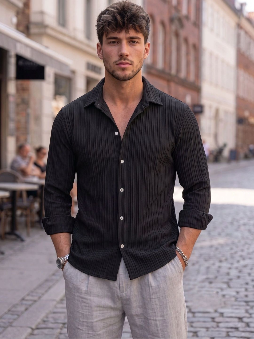 FINIVO FASHION Textured Long Sleeves Slim Fit Casual Shirt