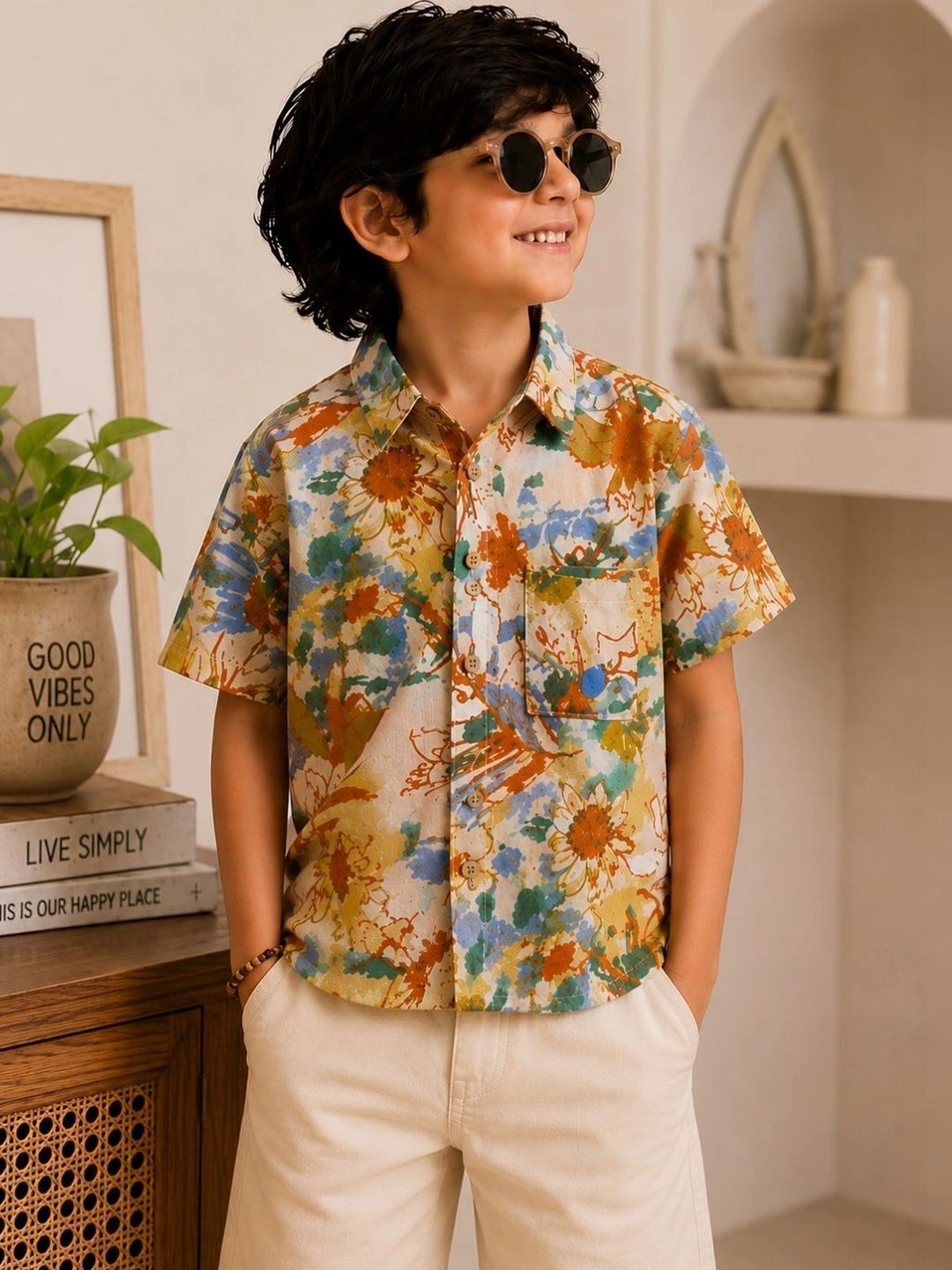 Superminis Boys Modern Spread Collar Floral Printed Cotton Casual Shirt