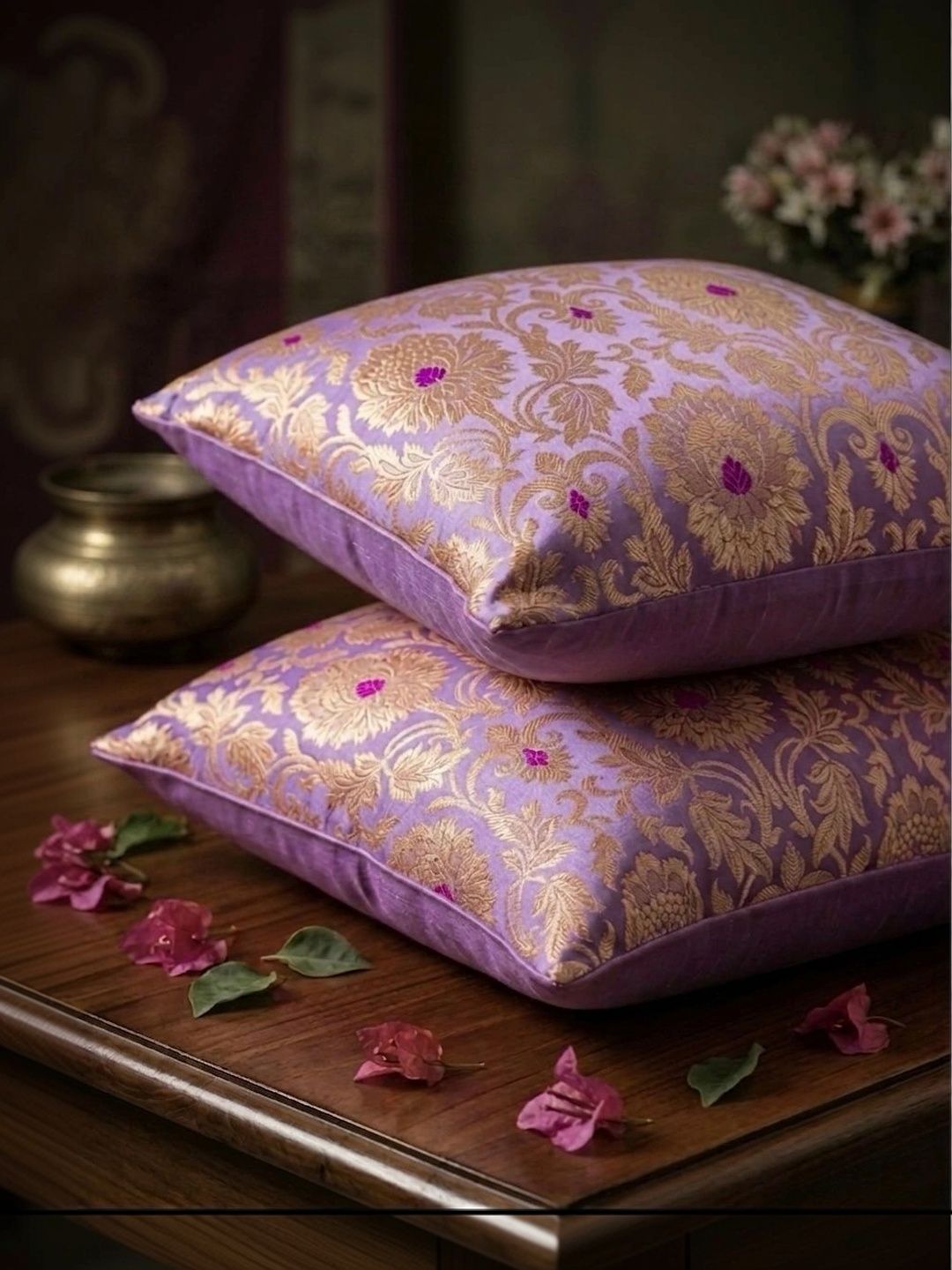 RoyalDeco Banarasi Brocade Ethnic Motifs Brocade Silk 2 Pcs Zari Cushion Covers -12x12In