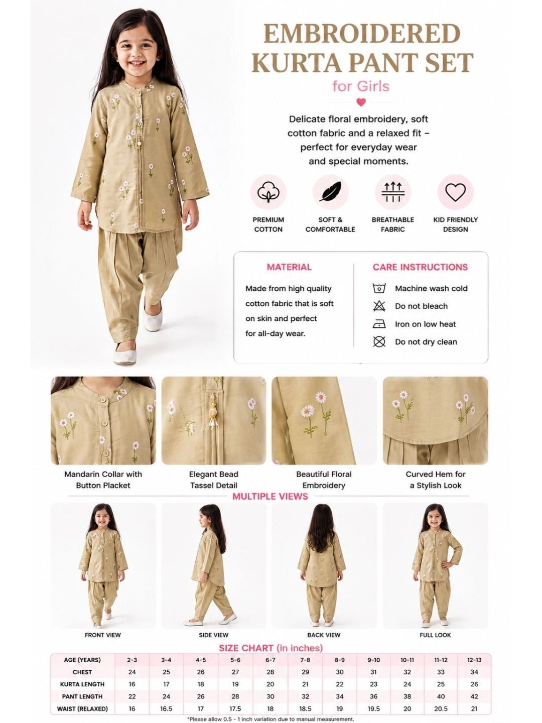 Girls Floral Embroidered Regular Thread Work Kurta with Patiala 5