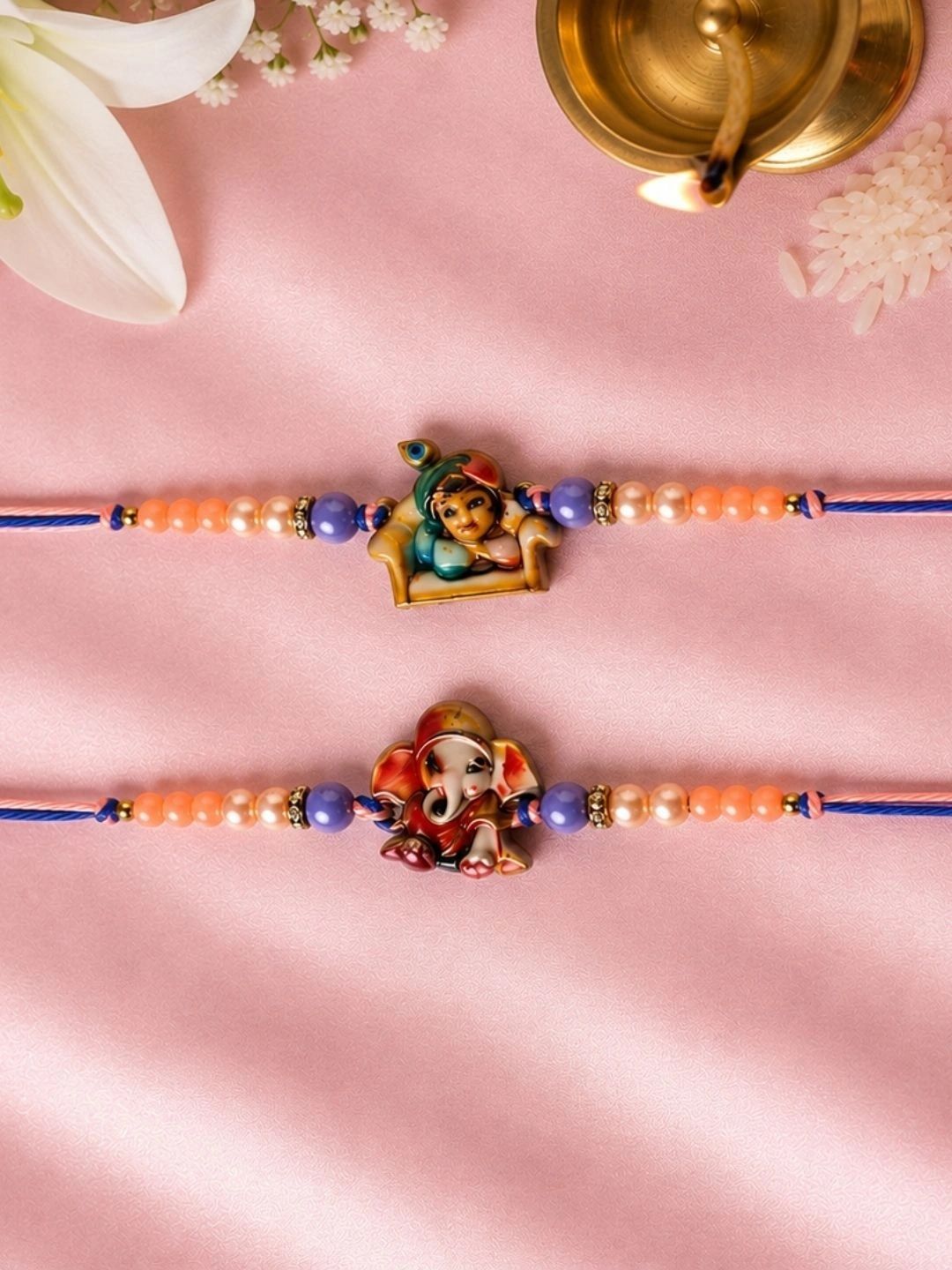NVR Set Of 2 Krishna Ji & Ganesh Ji Beaded Religious Thread Rakhi With Roli Chawal