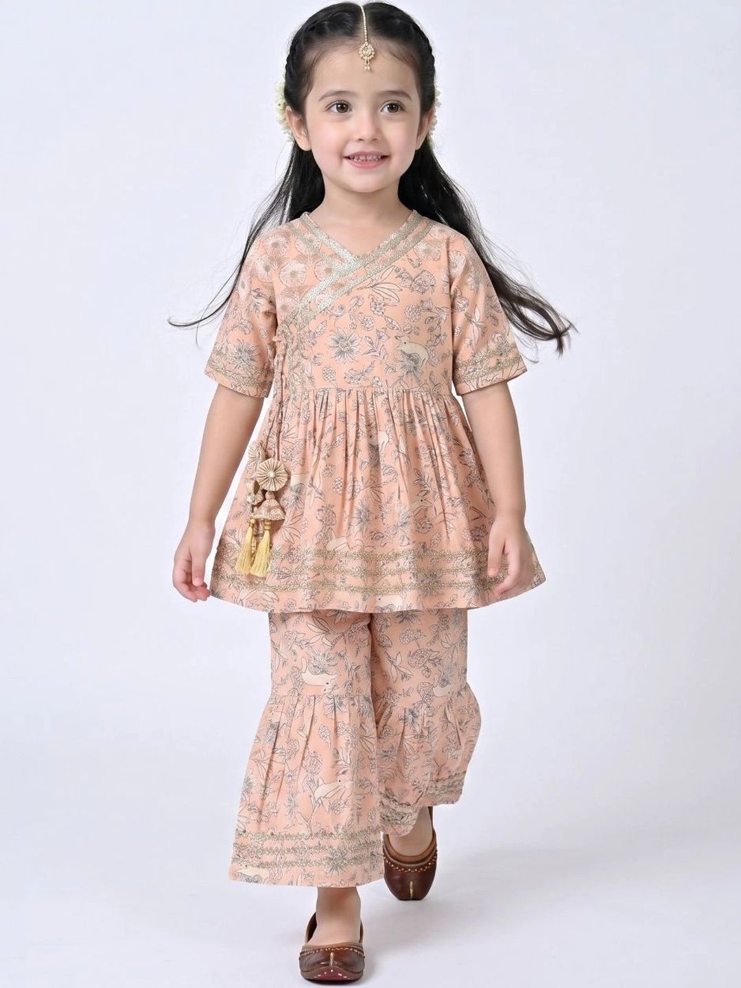 Girls Floral Printed Angrakha Kurta with Sharara